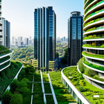 A panoramic view of a modern, sustainable city skyline where sleek, professional architecture is seamlessly integrated with extensive green infrastructure. Buildings feature lush vertical gardens and sprawling green roofs, vibrant with diverse native flora. Interconnected ecological corridors and elevated green spaces weave throughout the urban landscape, creating a living network. The scene showcases clean air and a sense of harmony between human design and abundant nature. Professional photography, high detail, vibrant colors, optimistic mood, safe for work, appropriate content, fully clothed (implied urban environment), professional, family-friendly.