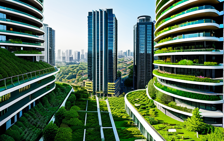 A panoramic view of a modern, sustainable city skyline where sleek, professional architecture is seamlessly integrated with extensive green infrastructure. Buildings feature lush vertical gardens and sprawling green roofs, vibrant with diverse native flora. Interconnected ecological corridors and elevated green spaces weave throughout the urban landscape, creating a living network. The scene showcases clean air and a sense of harmony between human design and abundant nature. Professional photography, high detail, vibrant colors, optimistic mood, safe for work, appropriate content, fully clothed (implied urban environment), professional, family-friendly.