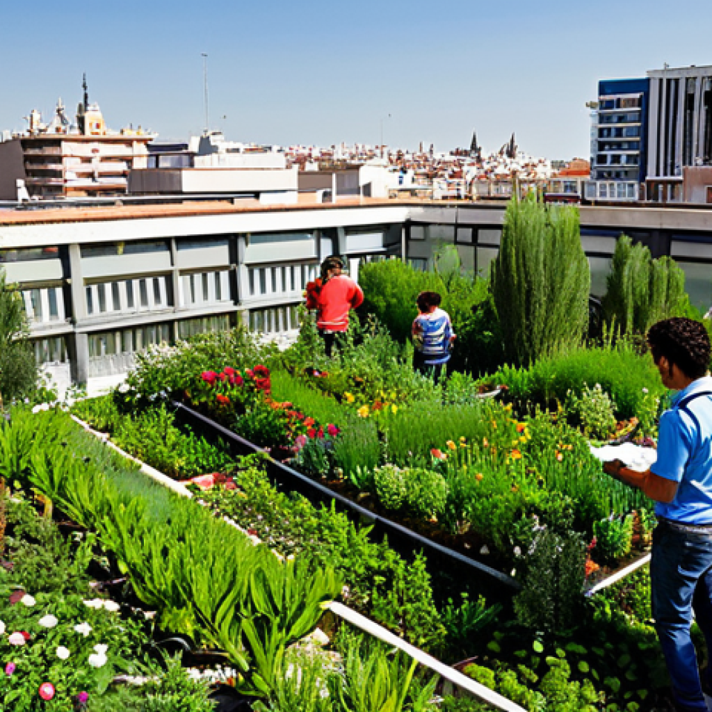 도시 내 생물다양성을 위한 건강한 생태계 조성 - Urban Oasis**
"A vibrant rooftop garden in Madrid, Spain, fully clothed people tending to native pl...