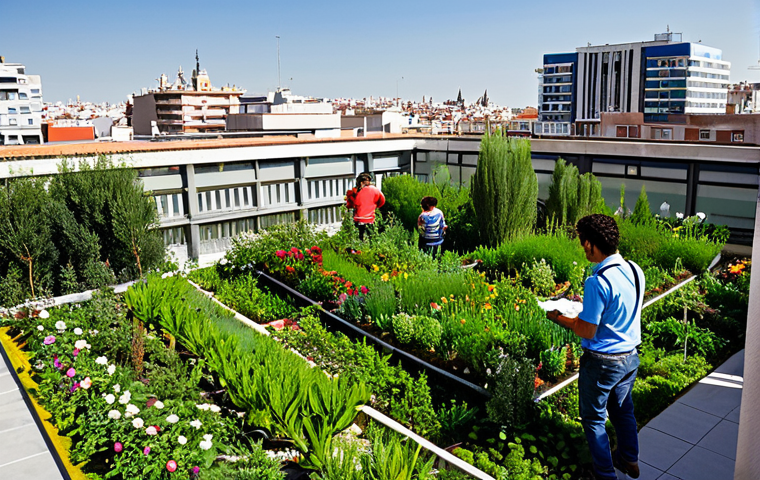 도시 내 생물다양성을 위한 건강한 생태계 조성 - Urban Oasis**
"A vibrant rooftop garden in Madrid, Spain, fully clothed people tending to native pl...
