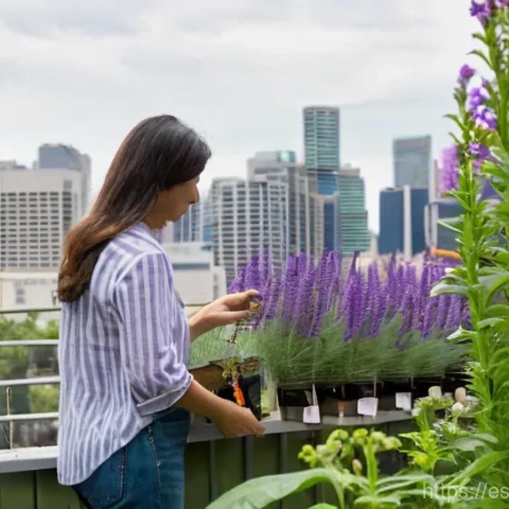 도시 생물다양성 증진을 위한 주민 참여방안 - **Urban Balcony Oasis:**
A vibrant, sun-drenched urban balcony garden teeming with life. A woman...