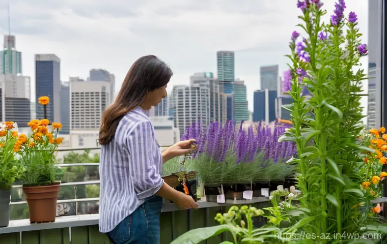 도시 생물다양성 증진을 위한 주민 참여방안 - **Urban Balcony Oasis:**
A vibrant, sun-drenched urban balcony garden teeming with life. A woman...