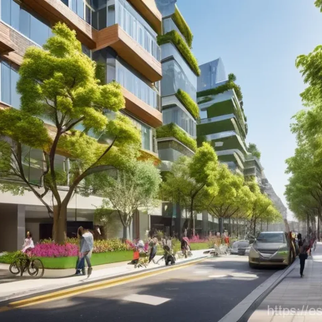 도시 생물다양성 증진을 위한 국제적 노력 - **Prompt:** A bustling, vibrant city street transformed into a "supermanzana" (superblock) with lush...