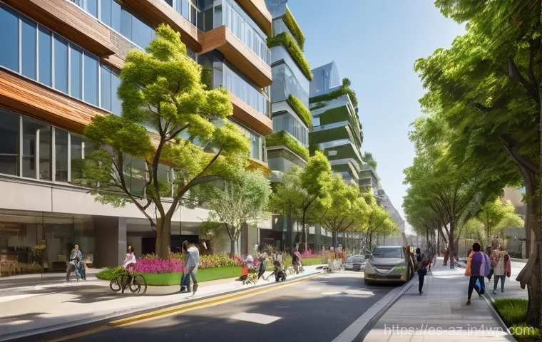 도시 생물다양성 증진을 위한 국제적 노력 - **Prompt:** A bustling, vibrant city street transformed into a "supermanzana" (superblock) with lush...