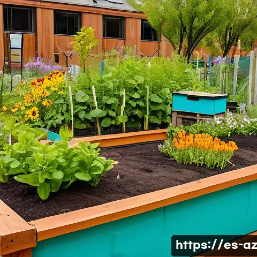 도시 내 생물다양성 증진을 위한 커뮤니티 정원 - A vibrant urban community garden in a Spanish city neighborhood during springtime, featuring native ...