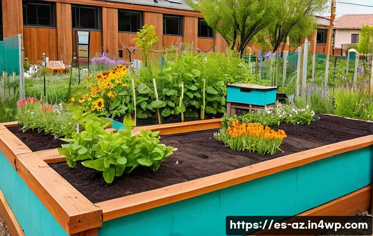 도시 내 생물다양성 증진을 위한 커뮤니티 정원 - A vibrant urban community garden in a Spanish city neighborhood during springtime, featuring native ...