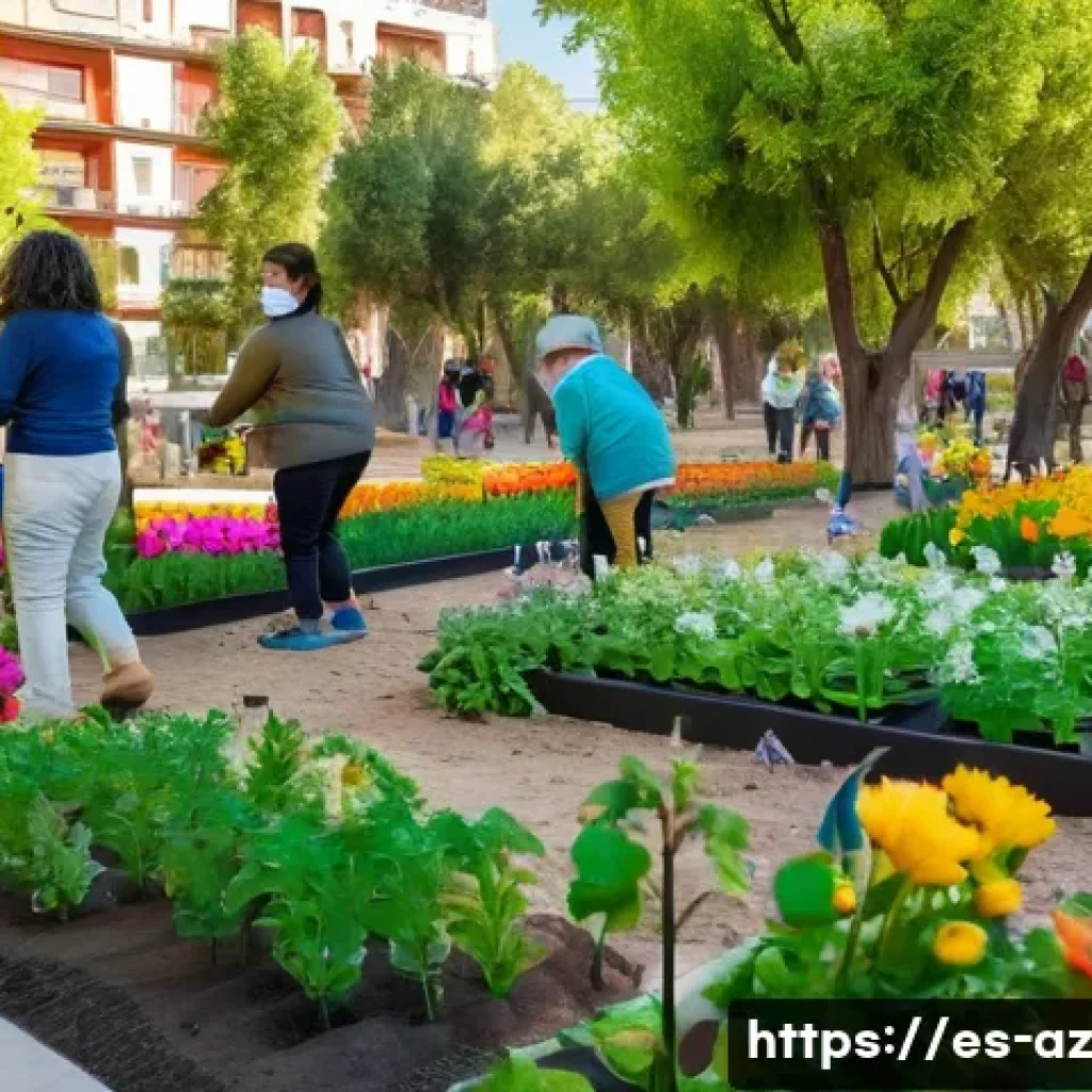 도시 생물다양성 증진을 위한 협력 네트워크 구축 - A vibrant community garden scene in a lively Madrid neighborhood, featuring diverse groups of neighb...