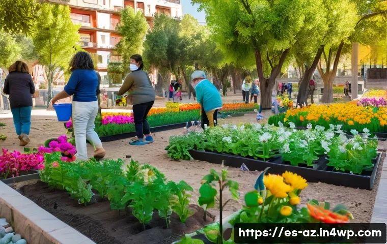 도시 생물다양성 증진을 위한 협력 네트워크 구축 - A vibrant community garden scene in a lively Madrid neighborhood, featuring diverse groups of neighb...