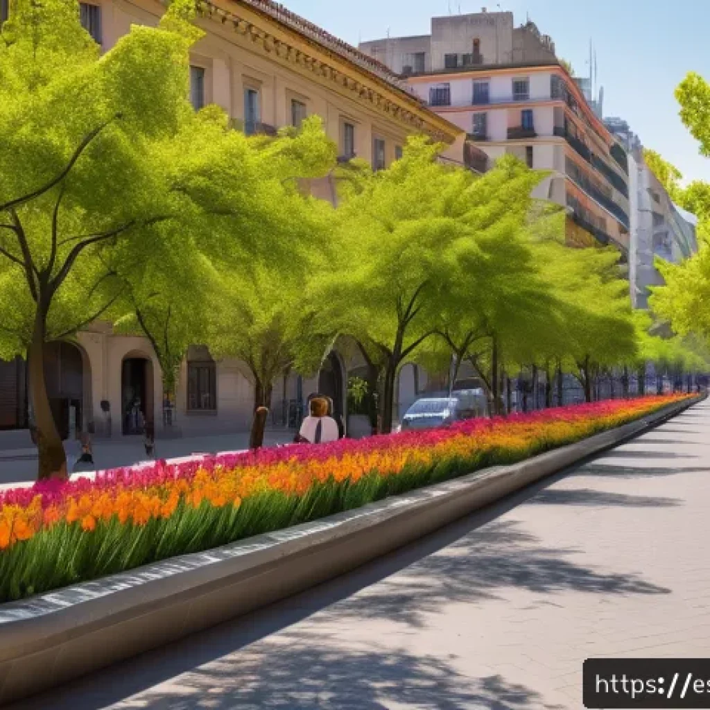 도시에서의 미세먼지와 생물다양성의 관계 - A vibrant urban park scene in a Spanish city during spring, showcasing a variety of pollution-resist...