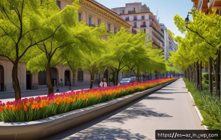 도시에서의 미세먼지와 생물다양성의 관계 - A vibrant urban park scene in a Spanish city during spring, showcasing a variety of pollution-resist...
