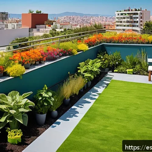 Home 33 도시 생물다양성을 위한 식물 및 동물 보호 - A vibrant urban rooftop garden in a Spanish city, featuring lush native plants and colorful flowers ...