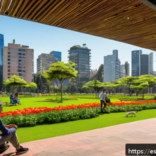Home 32 도시생태에서의 인간과 생물의 상호작용 - A vibrant urban park scene in a Latin American city like Bogotá, showcasing lush green trees, colorf...