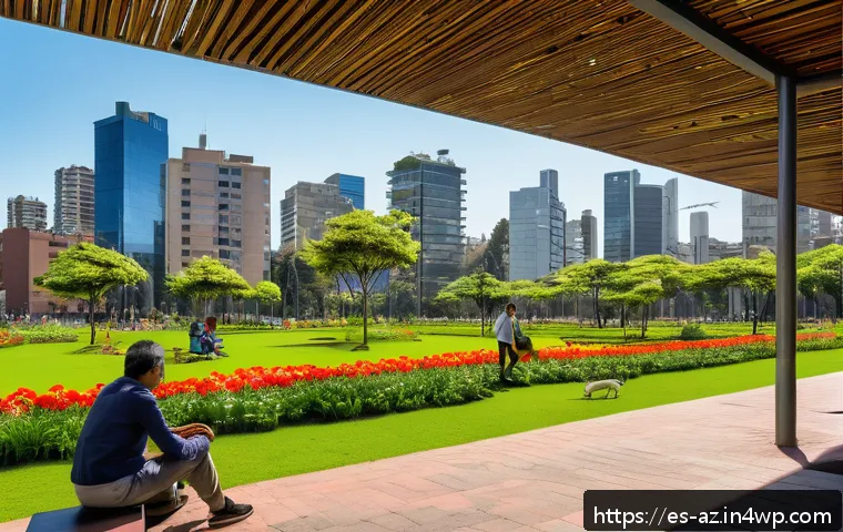 도시생태에서의 인간과 생물의 상호작용 - A vibrant urban park scene in a Latin American city like Bogotá, showcasing lush green trees, colorf...