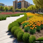 Home 19 도시 생물다양성을 위한 공공 정책 사례 - A vibrant urban park in Barcelona transformed into a living ecosystem, featuring native plant specie...