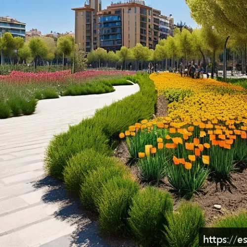 Home 31 도시 생물다양성을 위한 공공 정책 사례 - A vibrant urban park in Barcelona transformed into a living ecosystem, featuring native plant specie...
