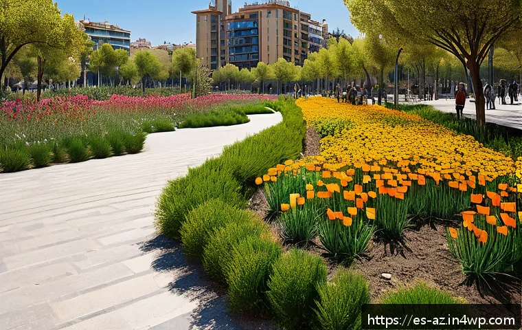 도시 생물다양성을 위한 공공 정책 사례 - A vibrant urban park in Barcelona transformed into a living ecosystem, featuring native plant specie...