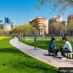 Home 18 도시 생물다양성을 위한 온라인 플랫폼 활용 - A vibrant urban park scene in Barcelona during spring, featuring diverse plant species, birds, and i...
