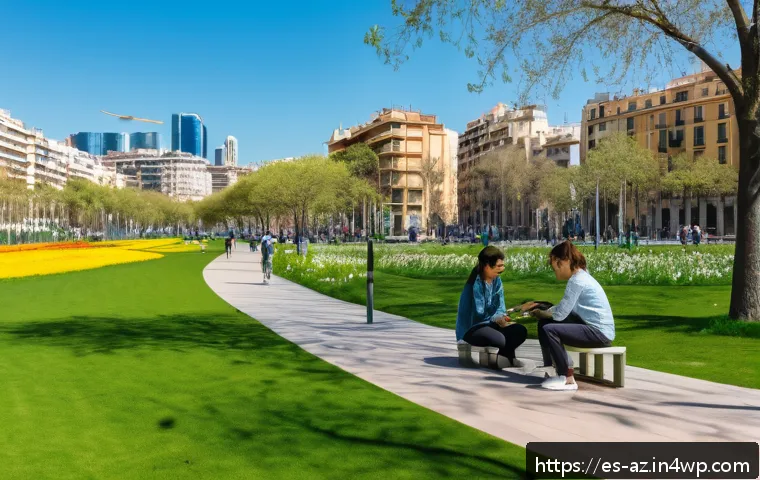도시 생물다양성을 위한 온라인 플랫폼 활용 - A vibrant urban park scene in Barcelona during spring, featuring diverse plant species, birds, and i...