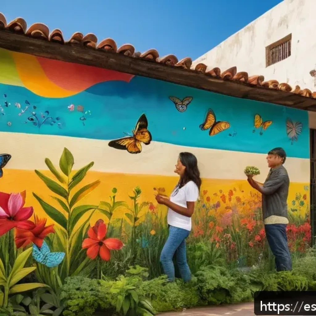 도시 공공예술과 생물다양성 증진 - A vibrant urban mural painted with natural pigments, depicting native flowers and plants of a Latin ...