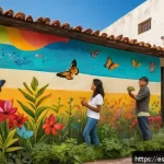 Home 23 도시 공공예술과 생물다양성 증진 - A vibrant urban mural painted with natural pigments, depicting native flowers and plants of a Latin ...