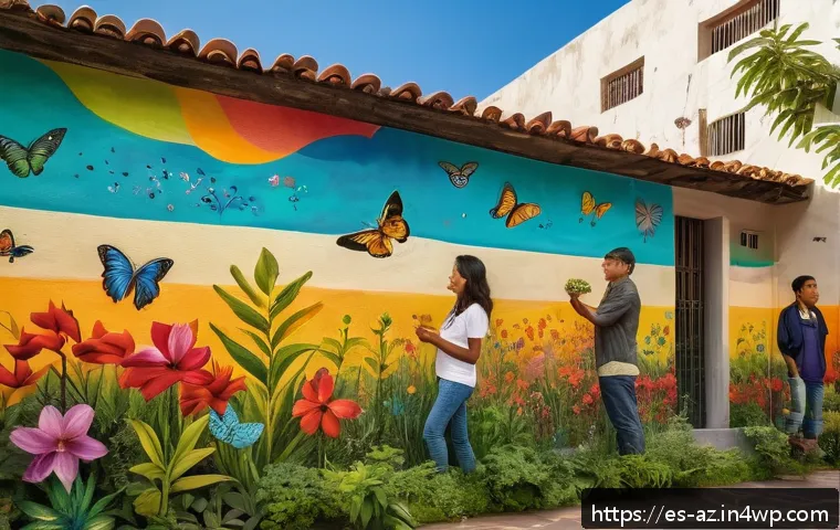 도시 공공예술과 생물다양성 증진 - A vibrant urban mural painted with natural pigments, depicting native flowers and plants of a Latin ...