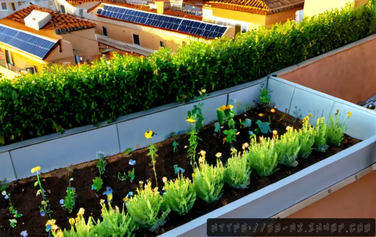 Home 17 도시 생물다양성 증진을 위한 기술 활용 방안 - Photorealistic rooftop biodiversity garden in a contemporary Mediterranean city, solar-powered smart...