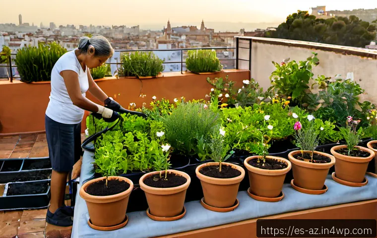 도시에서의 고유종 식물 재배 방법 - Photorealistic rooftop garden in a dense Spanish-speaking city, a middle-aged urban gardener careful...