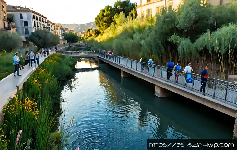 도시 생물다양성 증진을 위한 생태계 회복 사례 - Photorealistic urban river restoration in a Spanish city, revitalized stream with clear shallow wate...